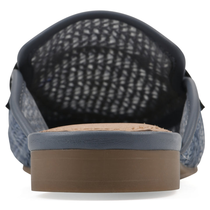 Rear view of a blue raffia mule with horizontal metal embellishment and a black 1/2-inch heel
