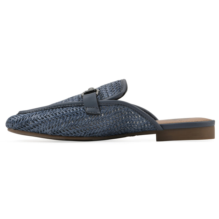 Side view of a blue raffia mule with horizontal metal embellishment and a black 1/2-inch heel