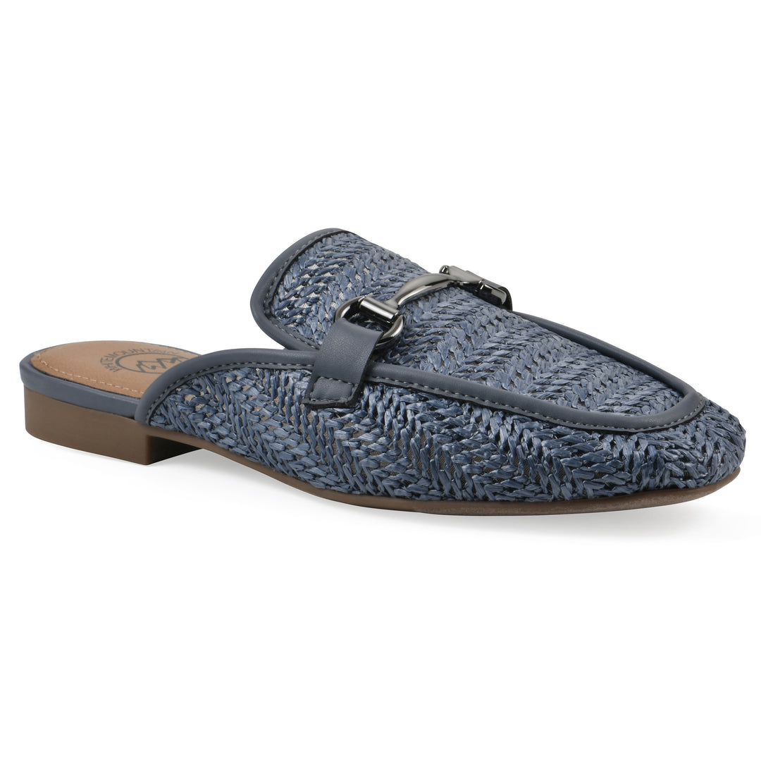 Angle view of a blue raffia mule with horizontal metal embellishment and a black 1/2-inch heel