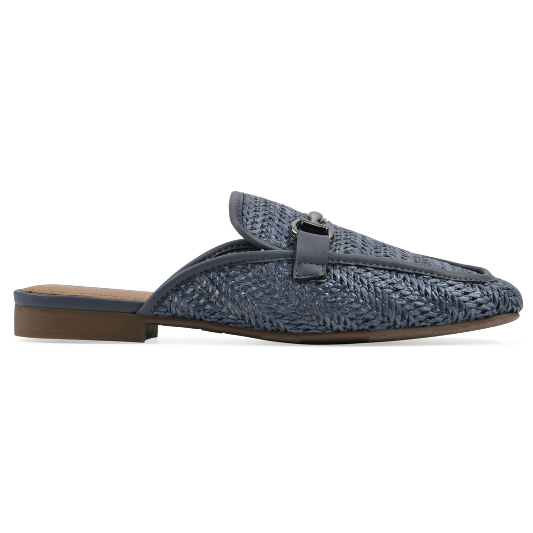 Side view of a blue raffia mule with horizontal metal embellishment and a black 1/2-inch heel