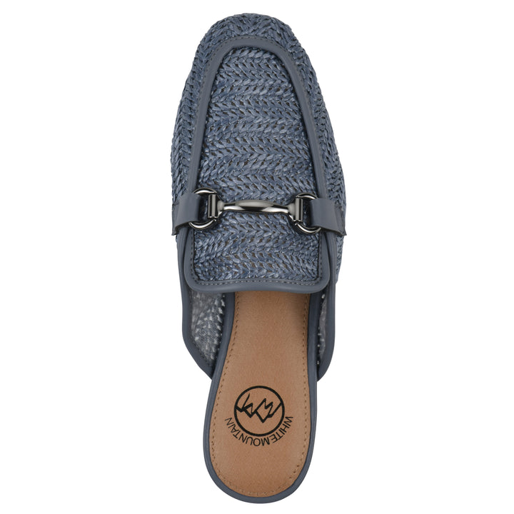 Top view of a blue raffia mule with horizontal metal embellishment and a black 1/2-inch heel