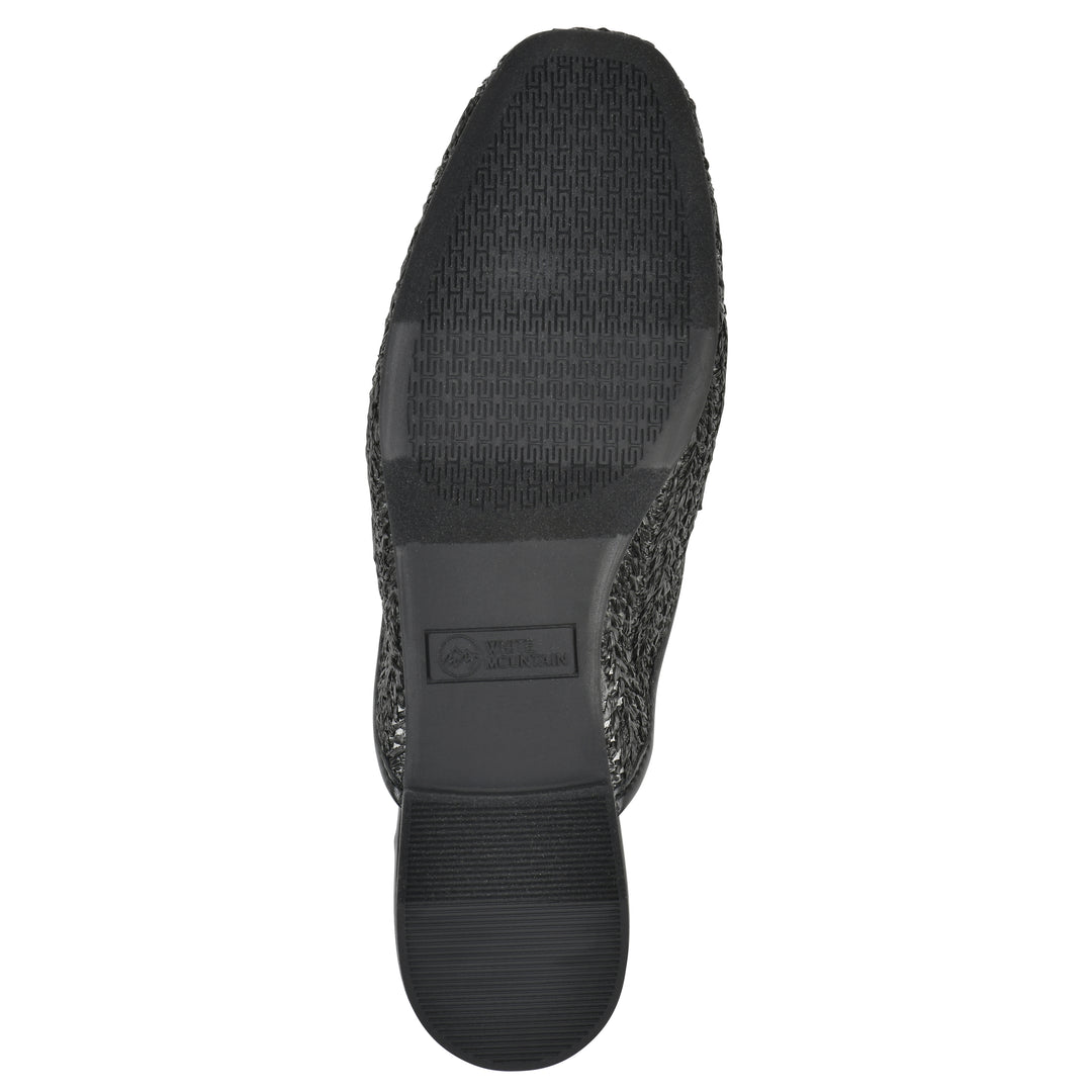 Sole view of a black raffia mule with horizontal metal embellishment and a black 1/2-inch heel
