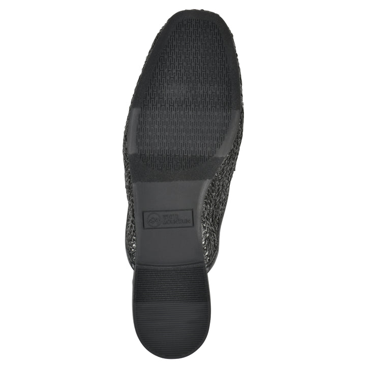Sole view of a black raffia mule with horizontal metal embellishment and a black 1/2-inch heel