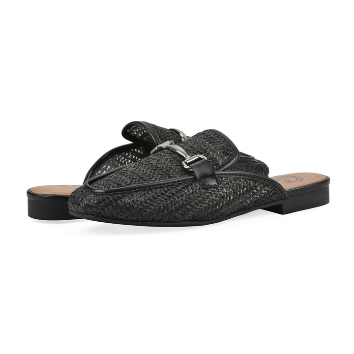 Angle view of a pair of black raffia mules with horizontal metal embellishment and a black 1/2-inch heel