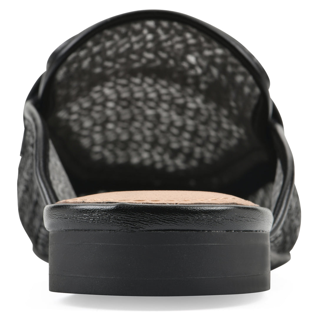 Rear view of a black raffia mule with horizontal metal embellishment and a black 1/2-inch heel