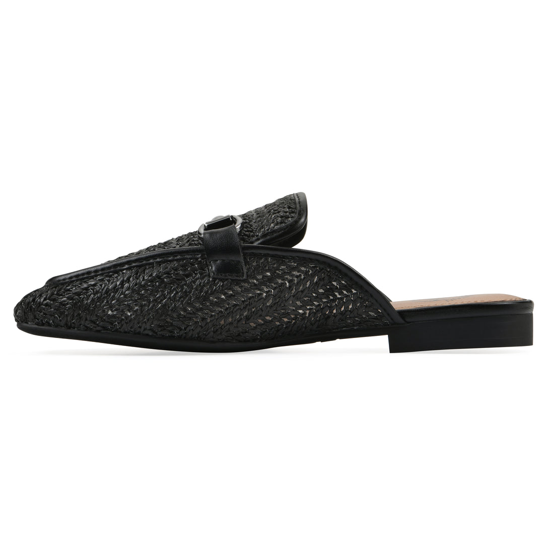 Side view of a black raffia mule with horizontal metal embellishment and a black 1/2-inch heel