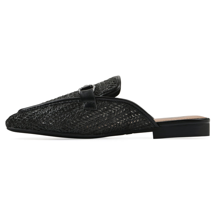 Side view of a black raffia mule with horizontal metal embellishment and a black 1/2-inch heel