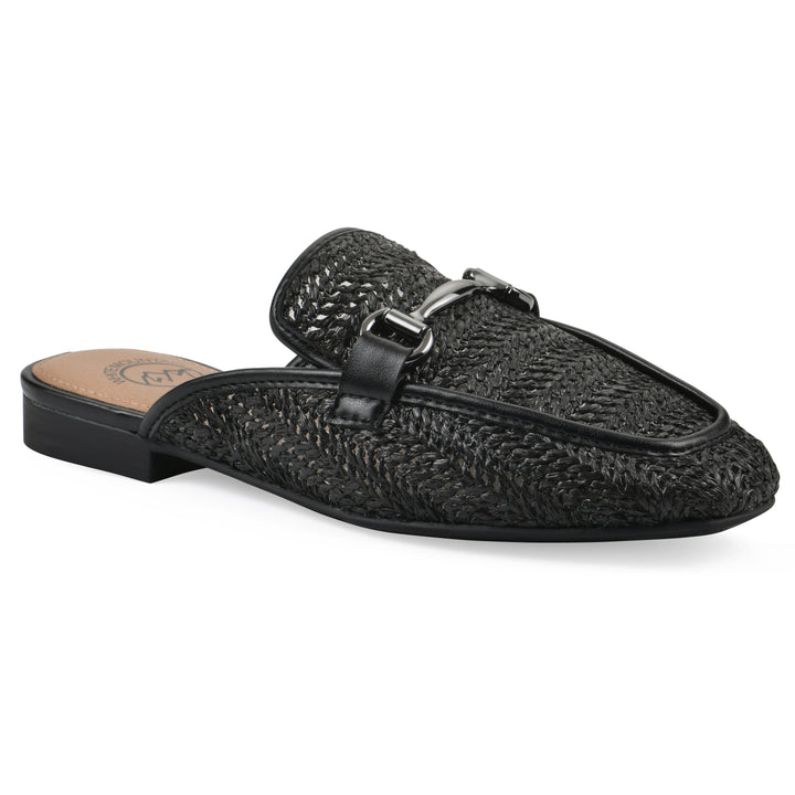 Angle view of a black raffia mule with horizontal metal embellishment and a black 1/2-inch heel