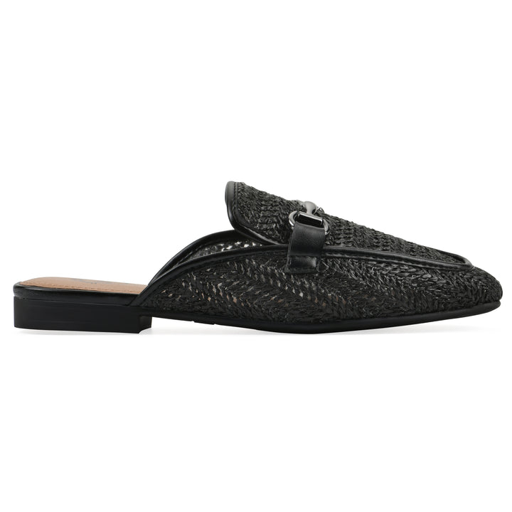 Side view of a black raffia mule with horizontal metal embellishment and a black 1/2-inch heel