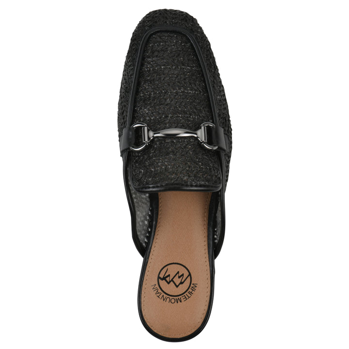 Top view of a black raffia mule with horizontal metal embellishment and a black 1/2-inch heel