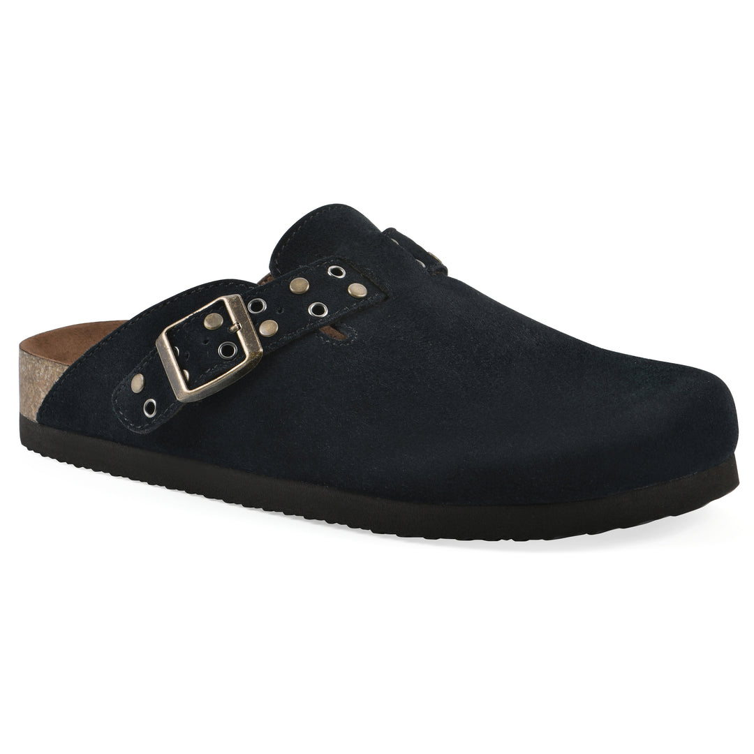 Angle view of a black suede backless clog with an adjustable buckle strap with stud and eyelet detailing and a black sole