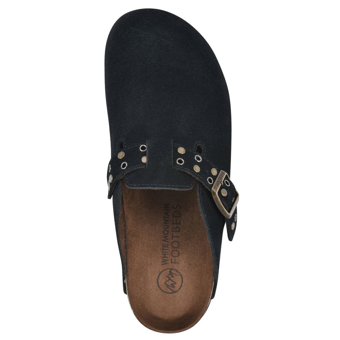 Top view of a black suede backless clog with an adjustable buckle strap with stud and eyelet detailing and a black sole