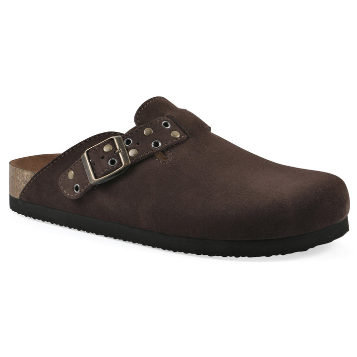 Angle view of a brown suede backless clog with an adjustable buckle strap with stud and eyelet detailing and a black sole