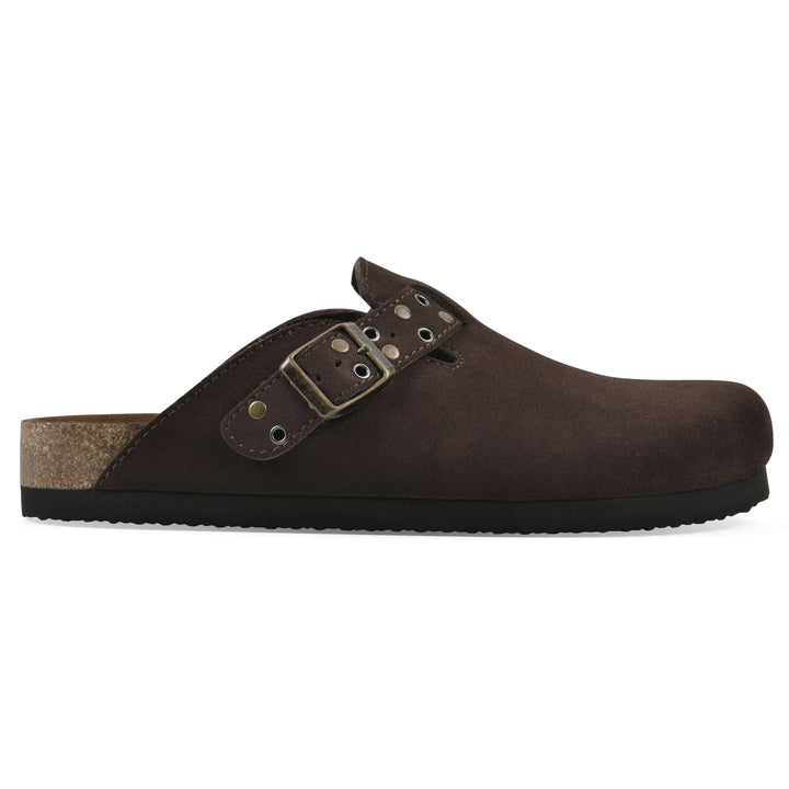 Side view of a brown suede backless clog with an adjustable buckle strap with stud and eyelet detailing and a black sole