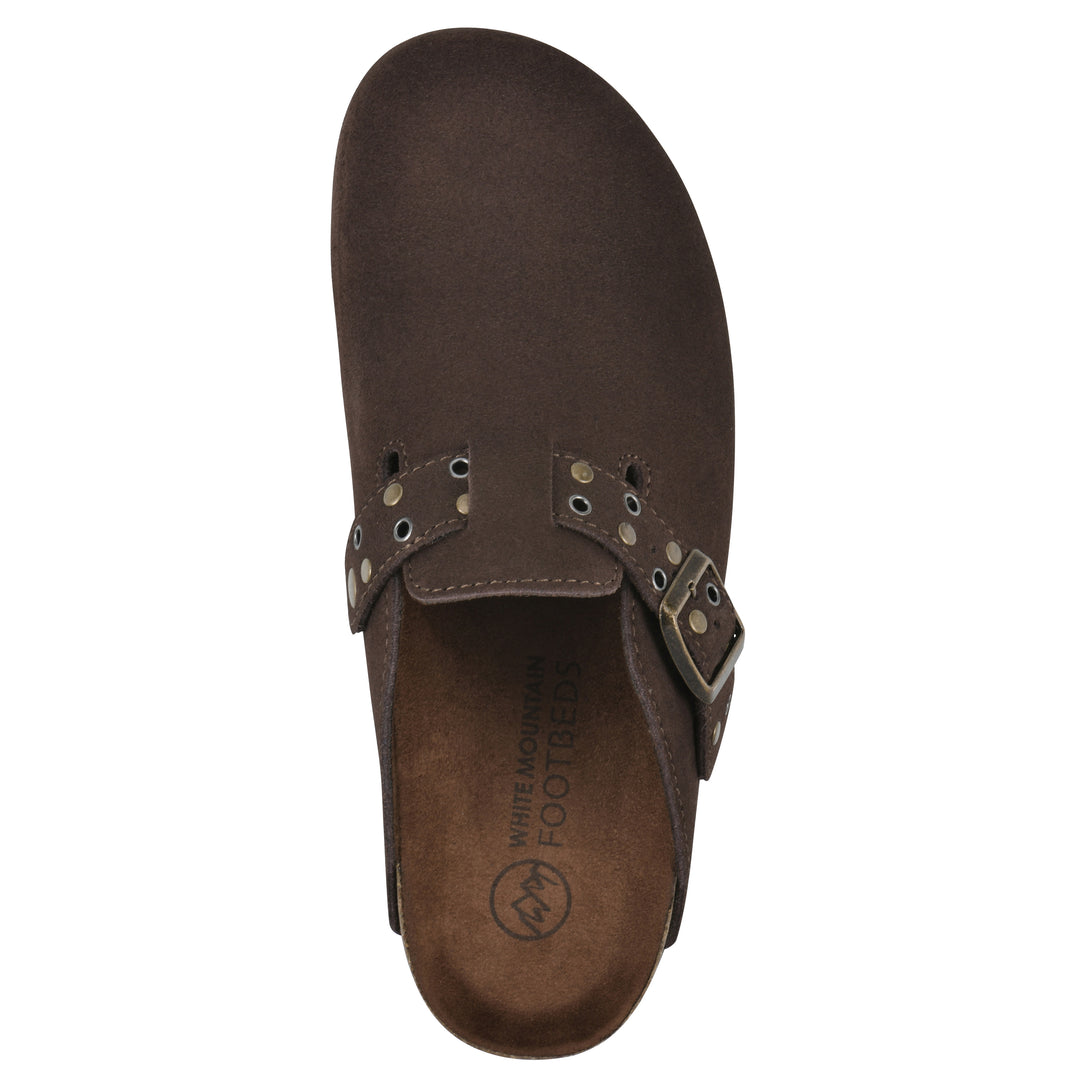 Top view of a brown suede backless clog with an adjustable buckle strap with stud and eyelet detailing and a black sole