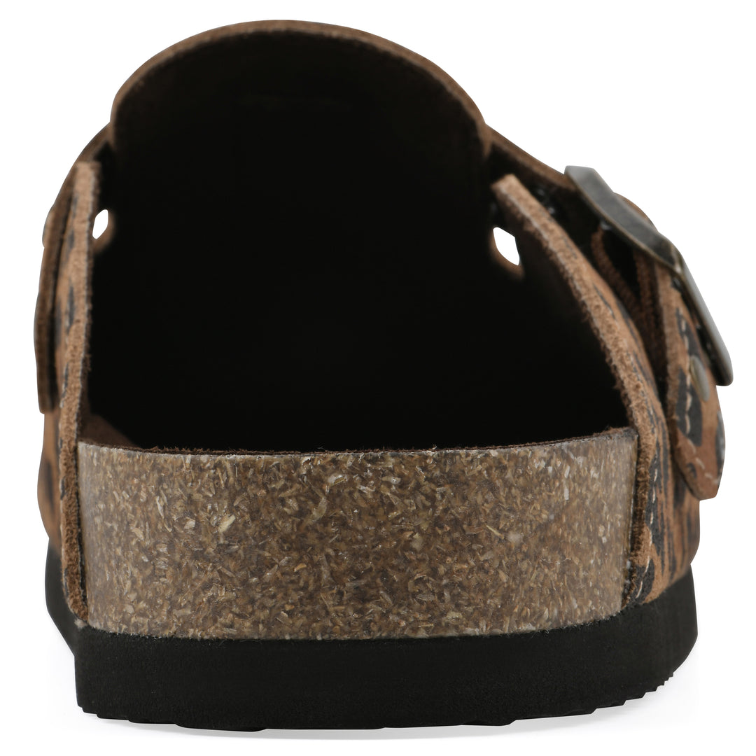 Rear view of a brown leopard suede backless clog with an adjustable buckle strap with stud and eyelet detailing and a black sole