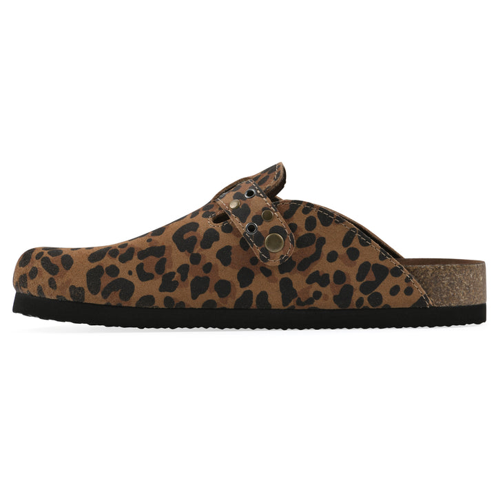 Side view of a brown leopard suede backless clog with an adjustable buckle strap with stud and eyelet detailing and a black sole