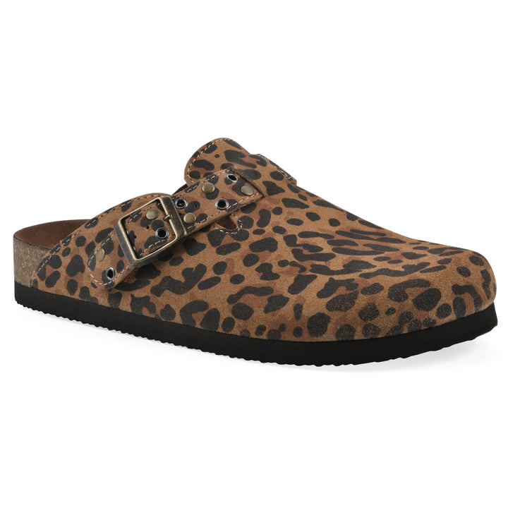 Angle view of a brown leopard suede backless clog with an adjustable buckle strap with stud and eyelet detailing and a black sole