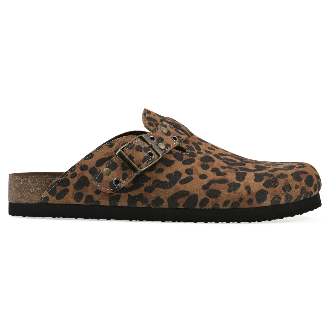 Side view of a brown leopard suede backless clog with an adjustable buckle strap with stud and eyelet detailing and a black sole