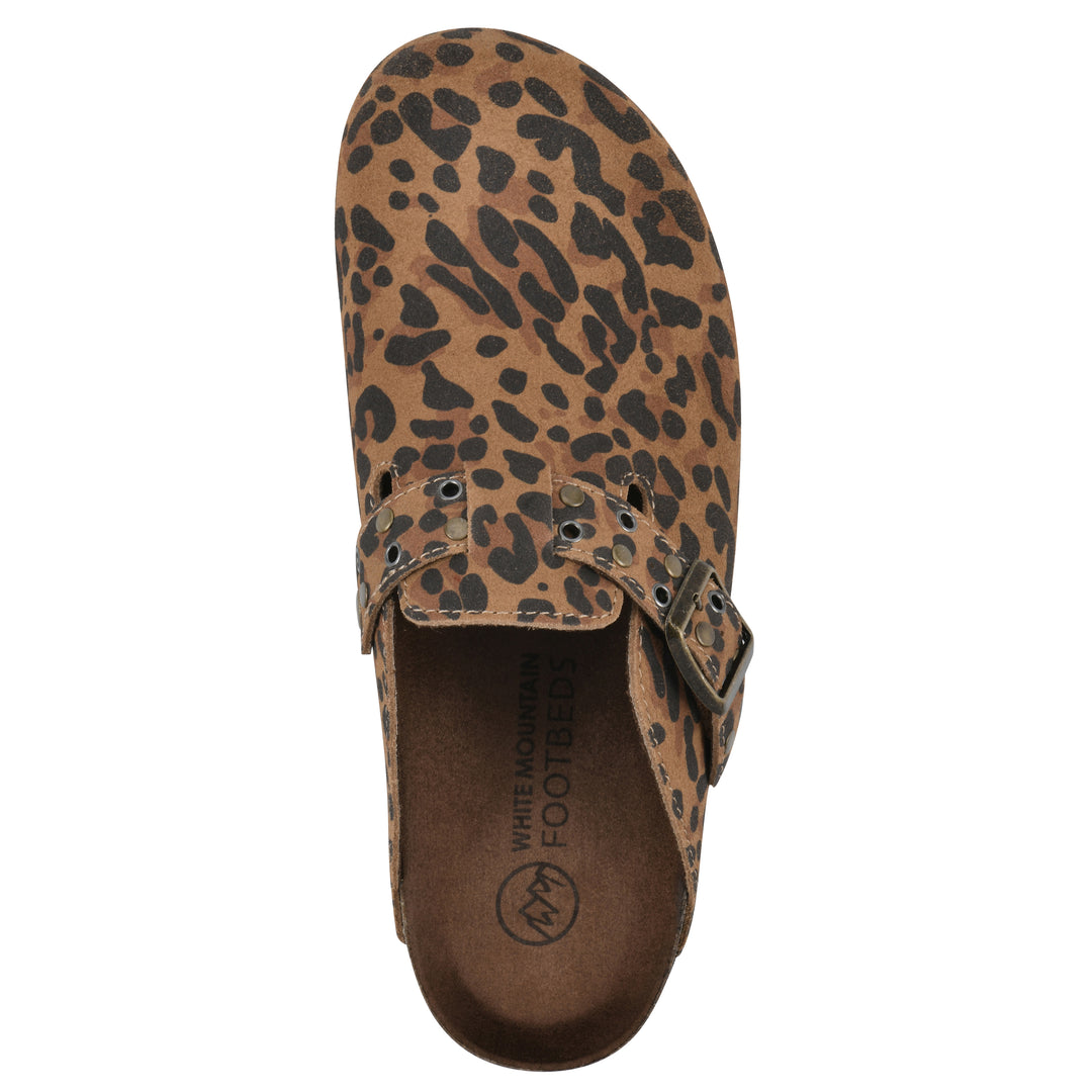 Top view of a brown leopard suede backless clog with an adjustable buckle strap with stud and eyelet detailing and a black sole