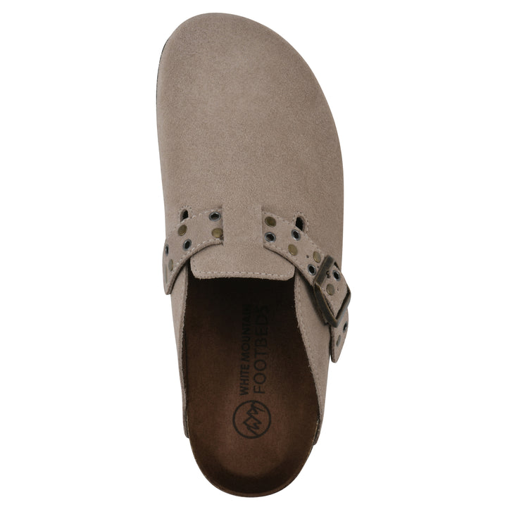 Top view of a taupe suede backless clog with an adjustable buckle strap with stud and eyelet detailing and a black sole