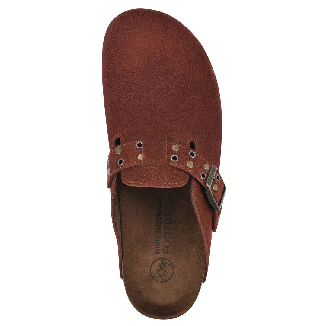Top view of a rust suede backless clog with an adjustable buckle strap with stud and eyelet detailing and a black sole
