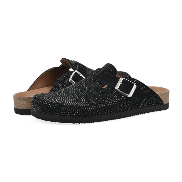Angle view of a pair of black micro-sequined backless clogs with adjustable buckle strap and black sole