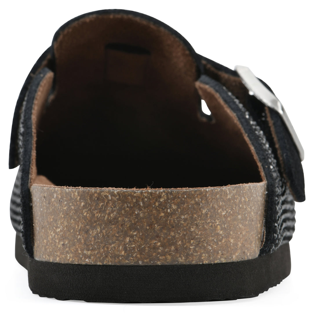 Rear view of a black micro-sequined backless clog with adjustable buckle strap and black sole