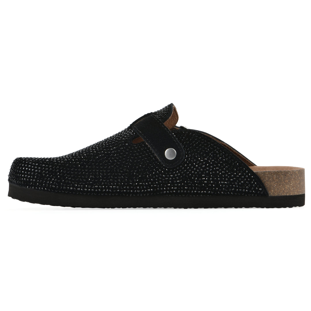 Side view of a black micro-sequined backless clog with adjustable buckle strap and black sole