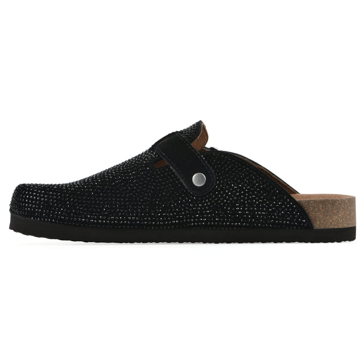 Side view of a black micro-sequined backless clog with adjustable buckle strap and black sole