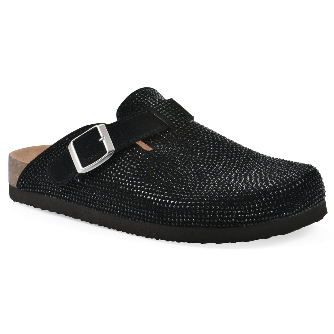 Angle view of a black micro-sequined backless clog with adjustable buckle strap and black sole