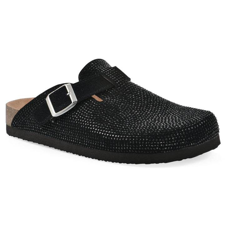 Angle view of a black micro-sequined backless clog with adjustable buckle strap and black sole