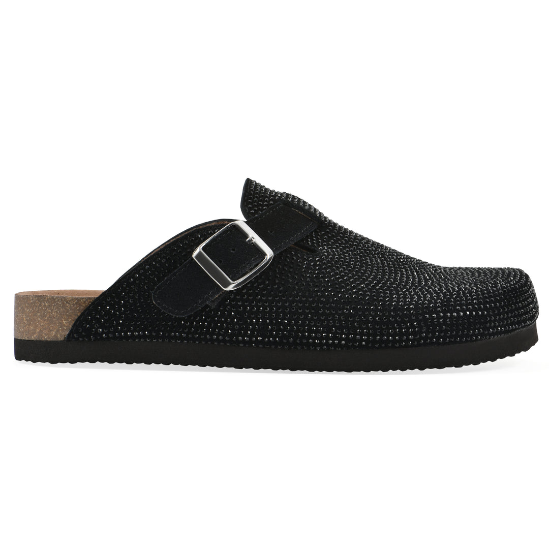 Side view of a black micro-sequined backless clog with adjustable buckle strap and black sole