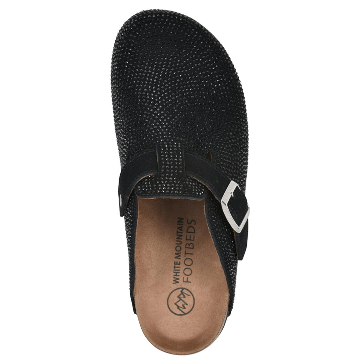 Top view of a black micro-sequined backless clog with adjustable buckle strap and black sole
