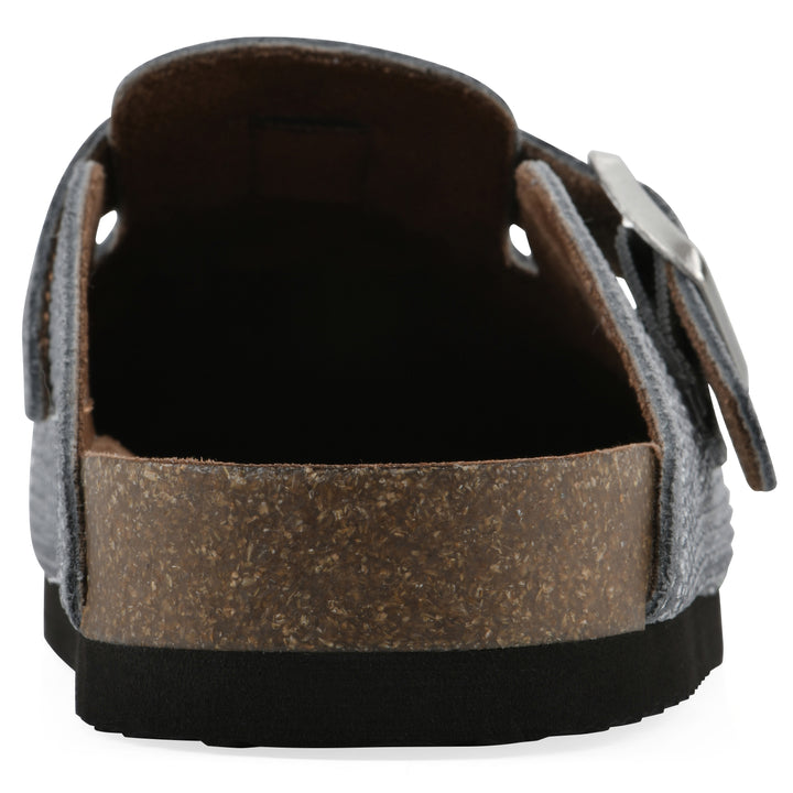 Rear view of a pale blue micro-sequined backless clog with adjustable buckle strap and black sole