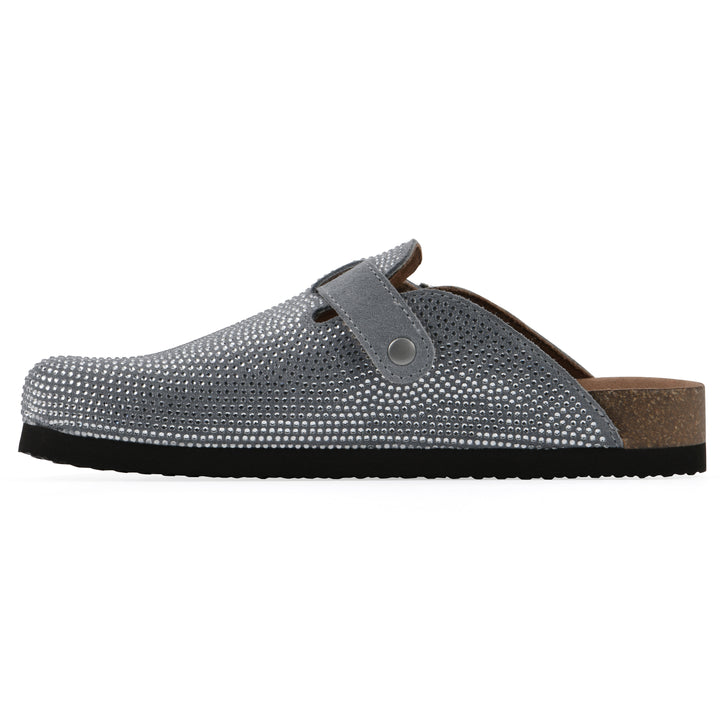 Side view of a pale blue micro-sequined backless clog with adjustable buckle strap and black sole