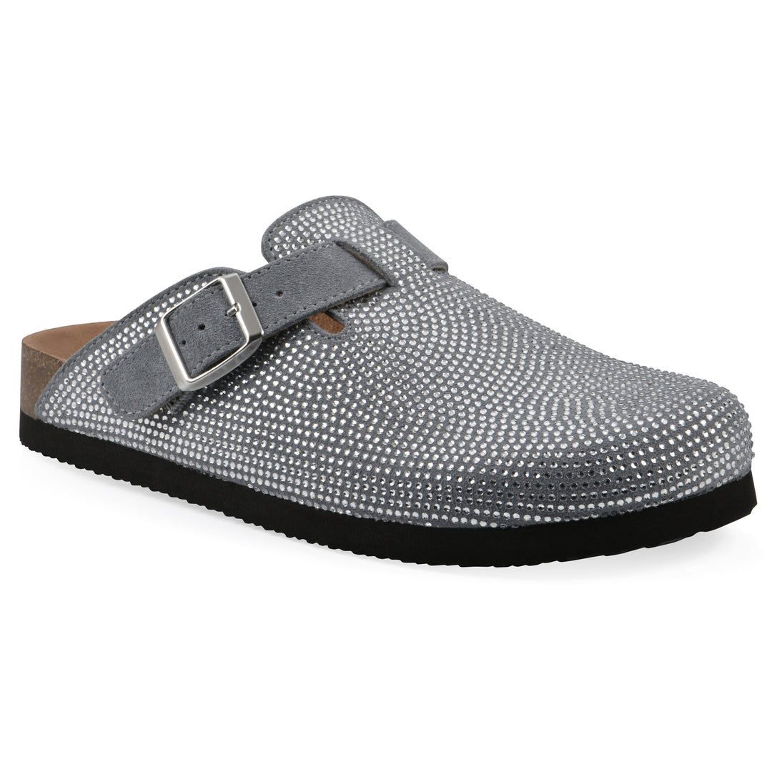 Angle view of a pale blue micro-sequined backless clog with adjustable buckle strap and black sole