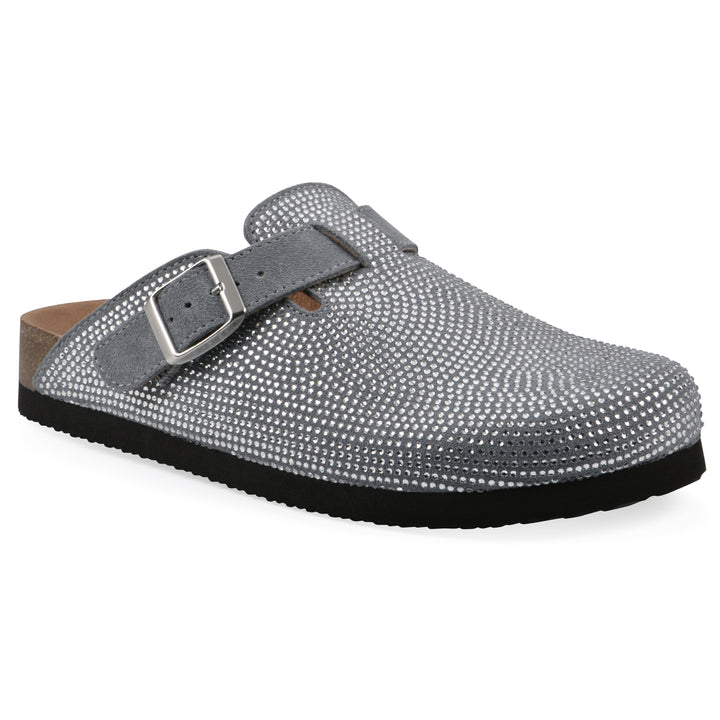 Angle view of a pale blue micro-sequined backless clog with adjustable buckle strap and black sole