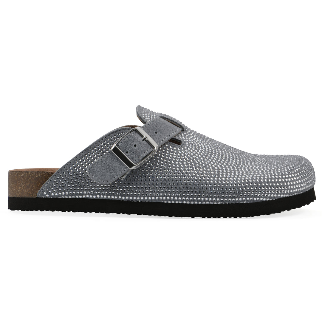 Side view of a pale blue micro-sequined backless clog with adjustable buckle strap and black sole