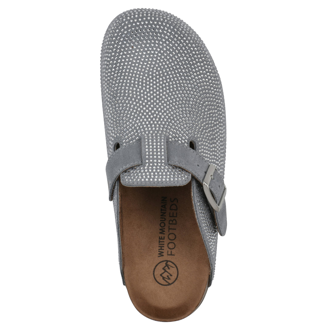 Top view of a pale blue micro-sequined backless clog with adjustable buckle strap and black sole