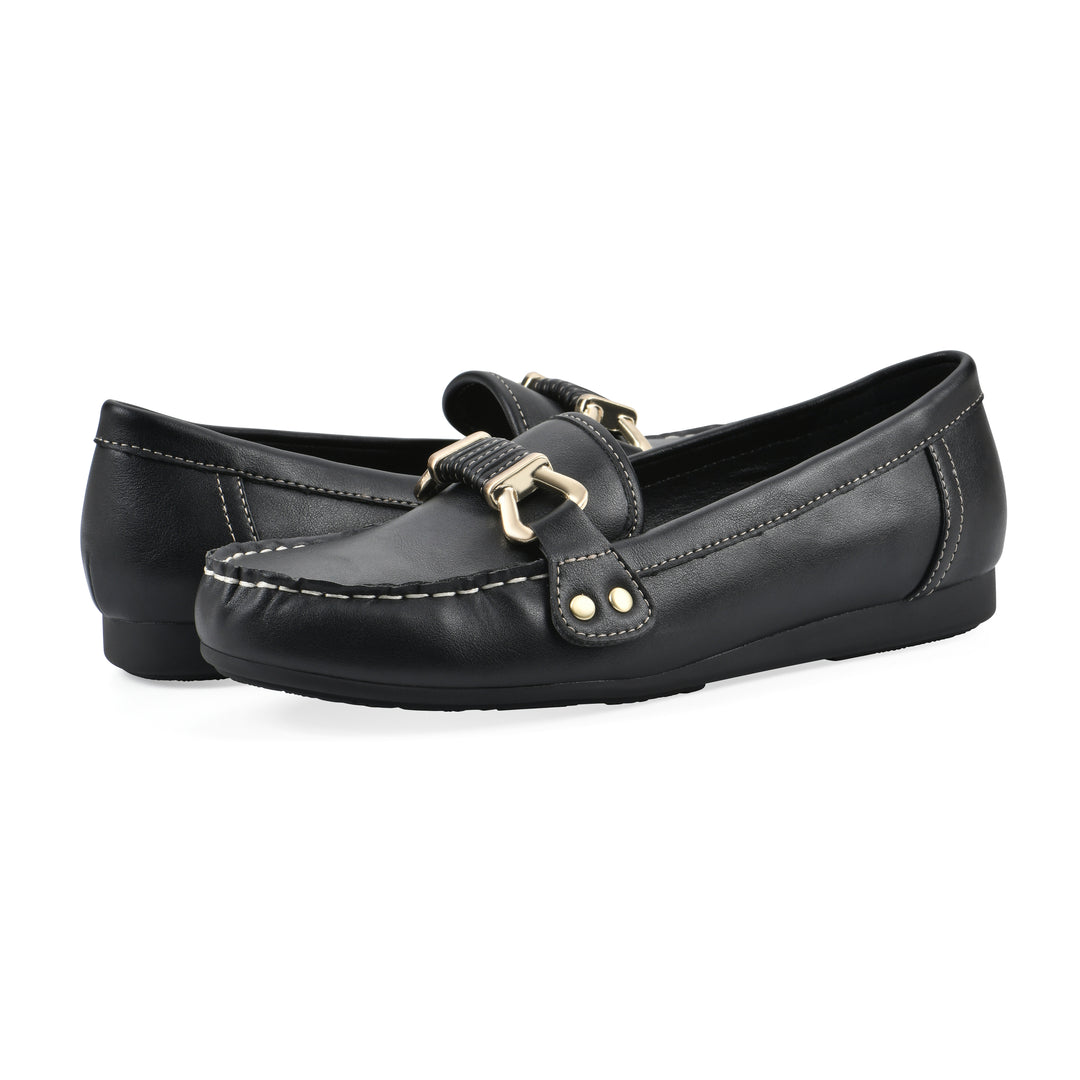 Angel view of a pair of black loafer shoe with gold buckle 