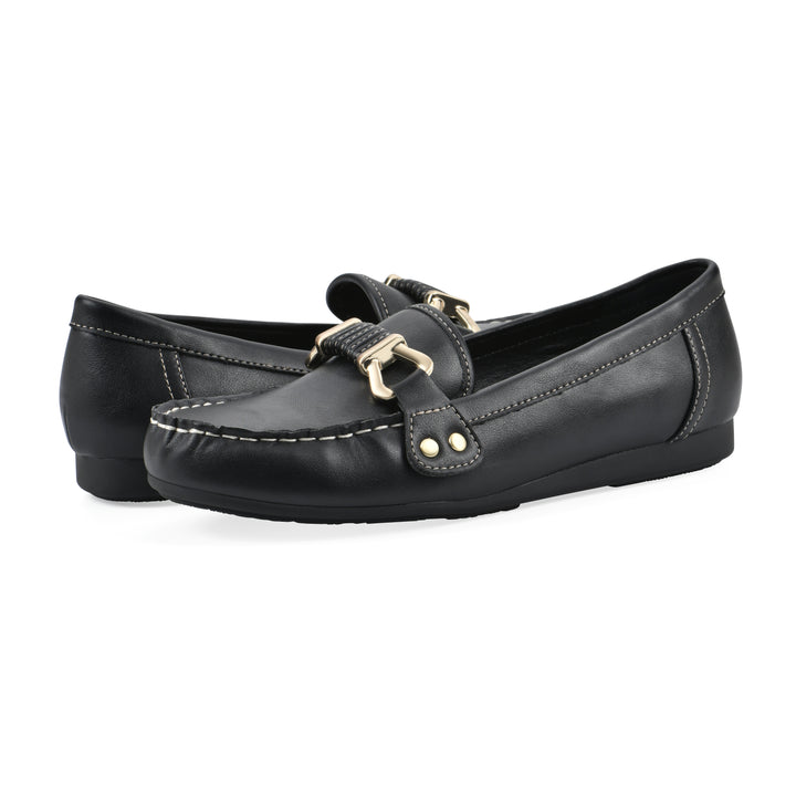 Angel view of a pair of black loafer shoe with gold buckle 