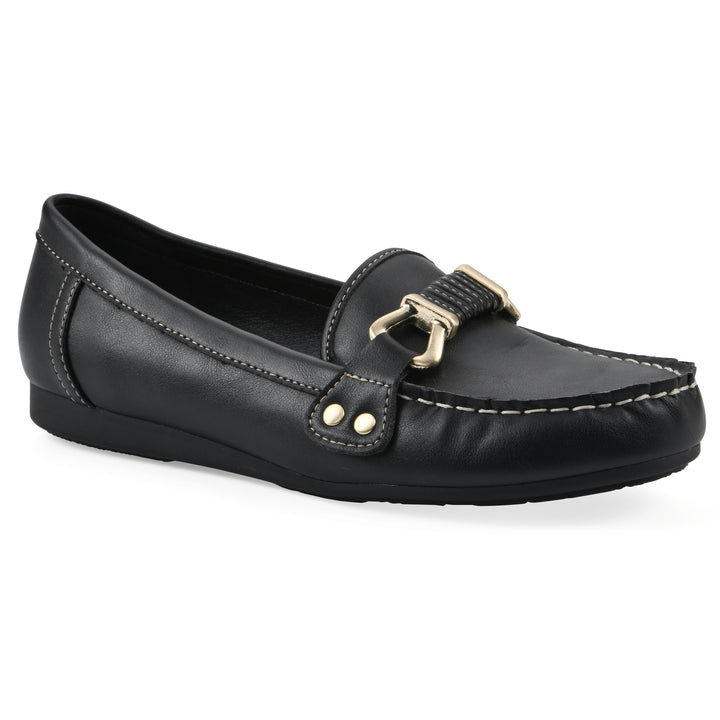 Angel view of a black loafer shoe with gold buckle 