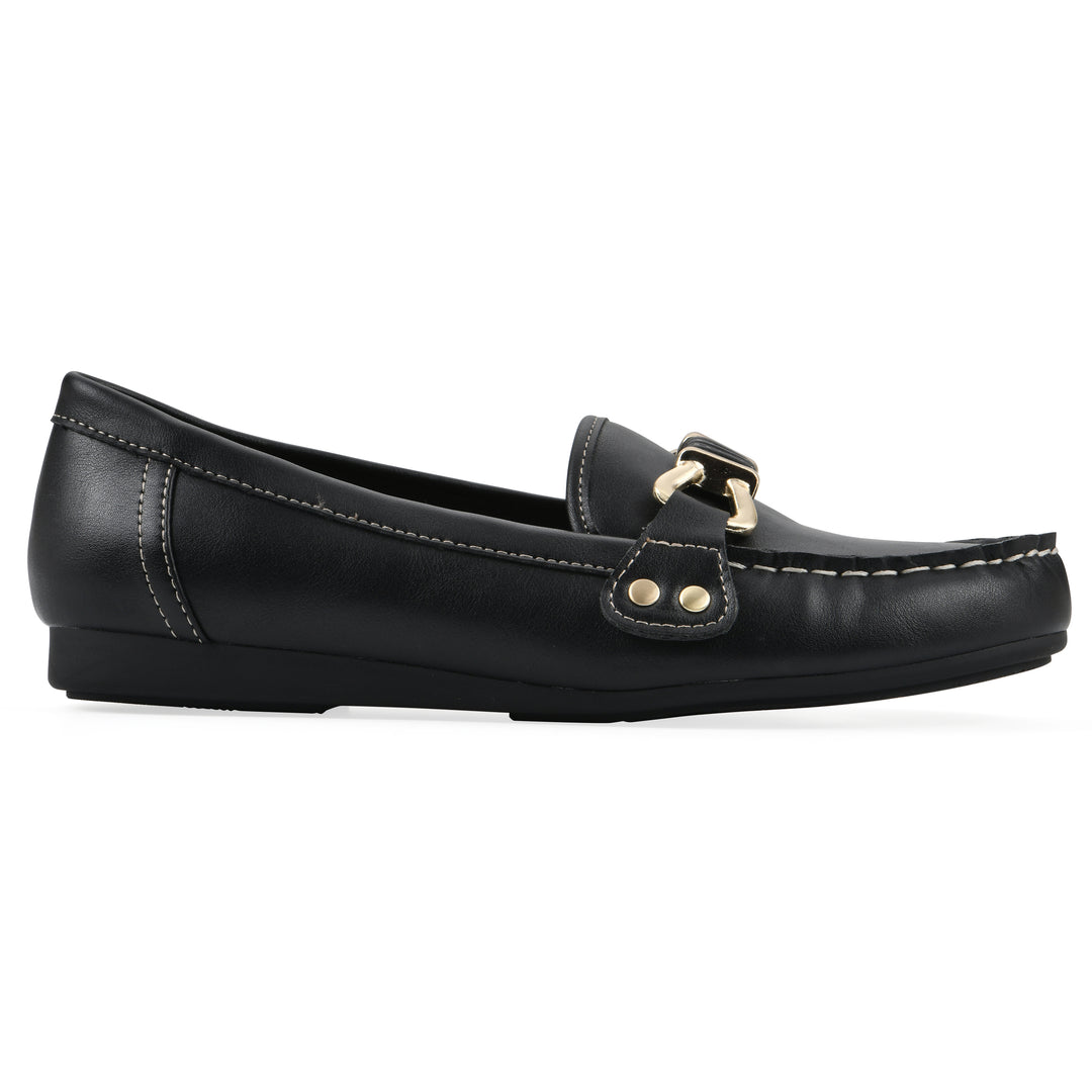 Angel view of a black loafer shoe with gold buckle 