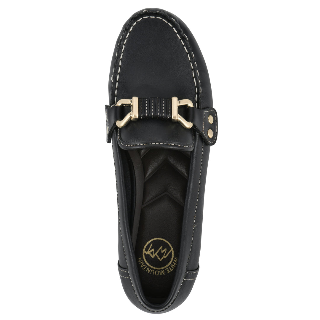 Top view of a black loafer shoe with gold buckle 