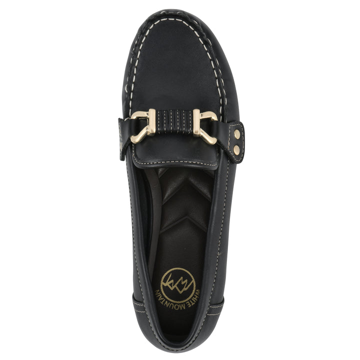 Top view of a black loafer shoe with gold buckle 