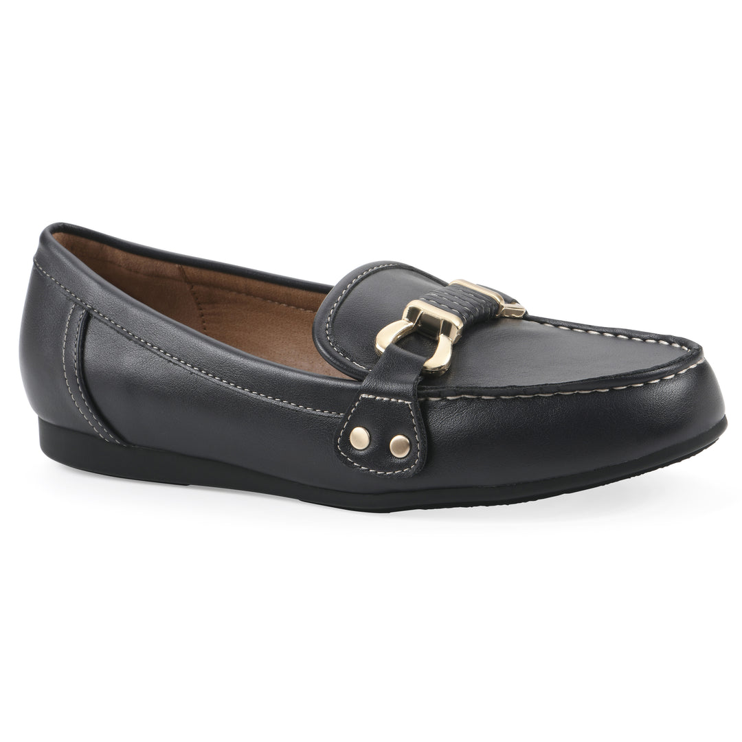 Angel view of a navy loafer shoe with gold buckle 