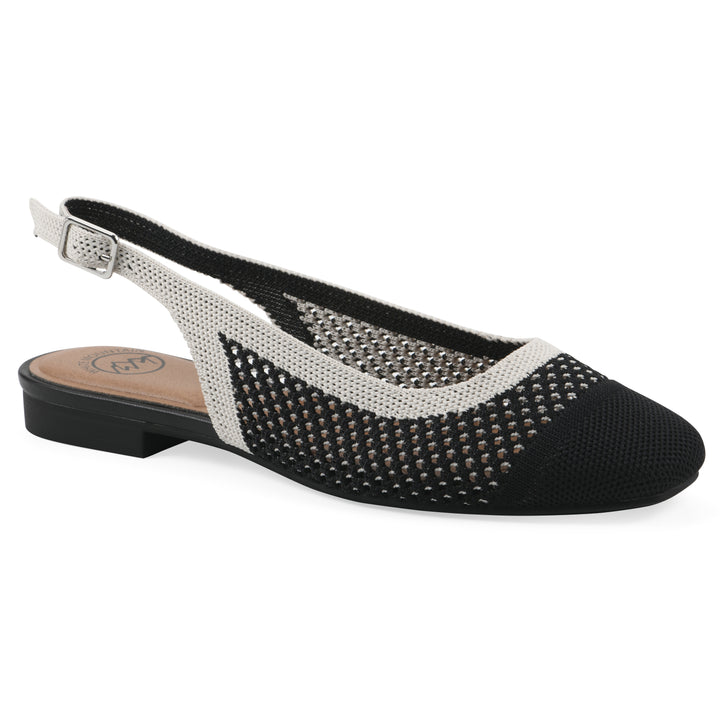 Angle view of a black and white fly-knit slingback with low black heel