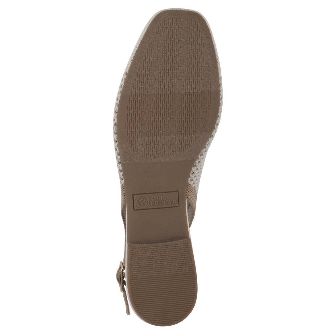 Sole view of a cream and tan fly-knit slingback with low light brown heel