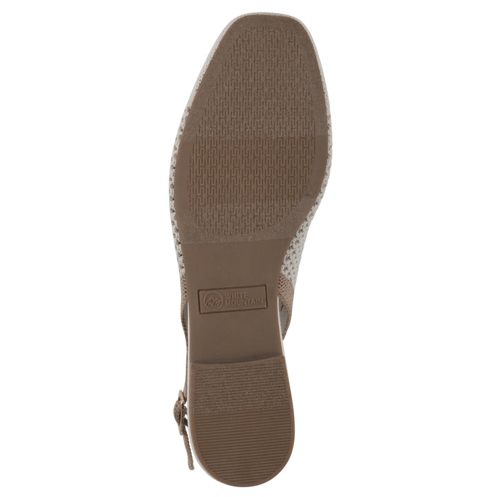 Sole view of a cream and tan fly-knit slingback with low light brown heel